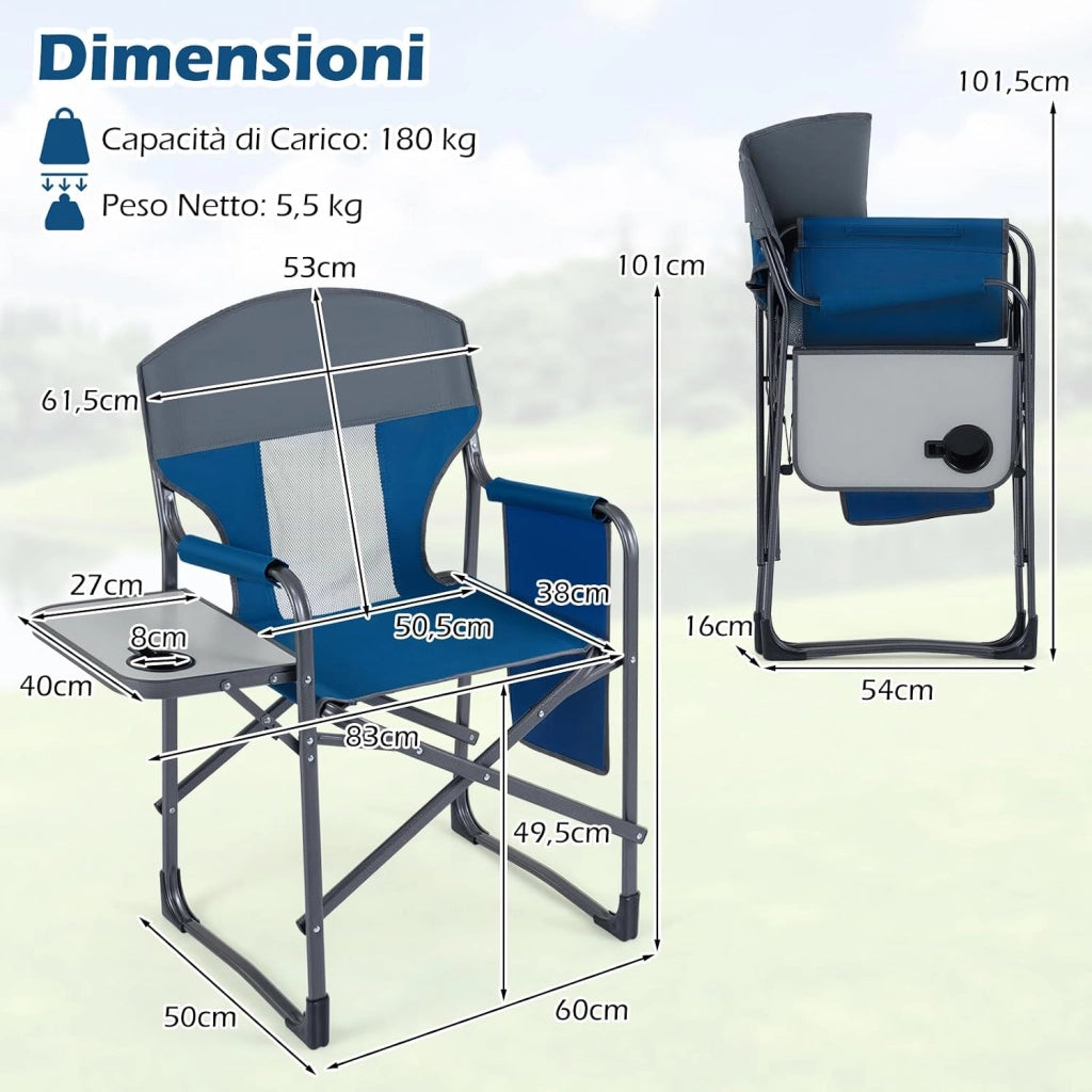 Sedia da Campeggio Pieghevole, Sedia da Regista con Tavolino Laterale, Portabicchieri e Tasca Portaoggetti, Portata 180 kg, Poltrona da Esterno per Spiaggia, Pesca e Picnic (Blu)