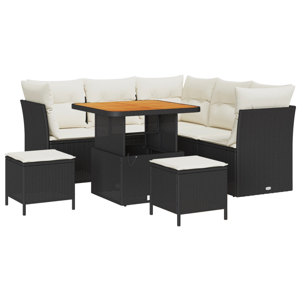 Set da Giardino 8 Pezzi con Cuscini Polyrattan Nero Acacia