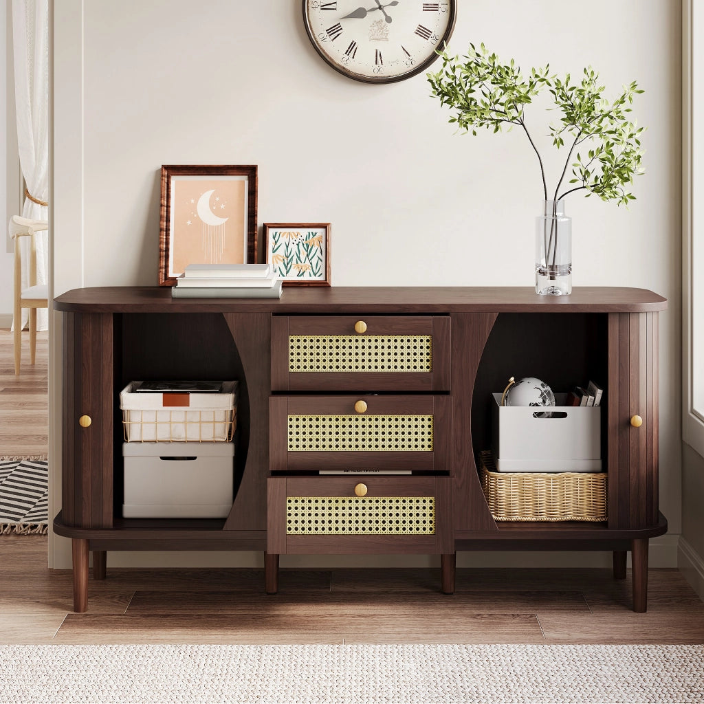 Credenza con 2 Ante Scorrevoli; 3 Cassetti in Rattan; Ripiani Regolabili e Piano Arrotondato; 140;5??40??76 cm; Naturale