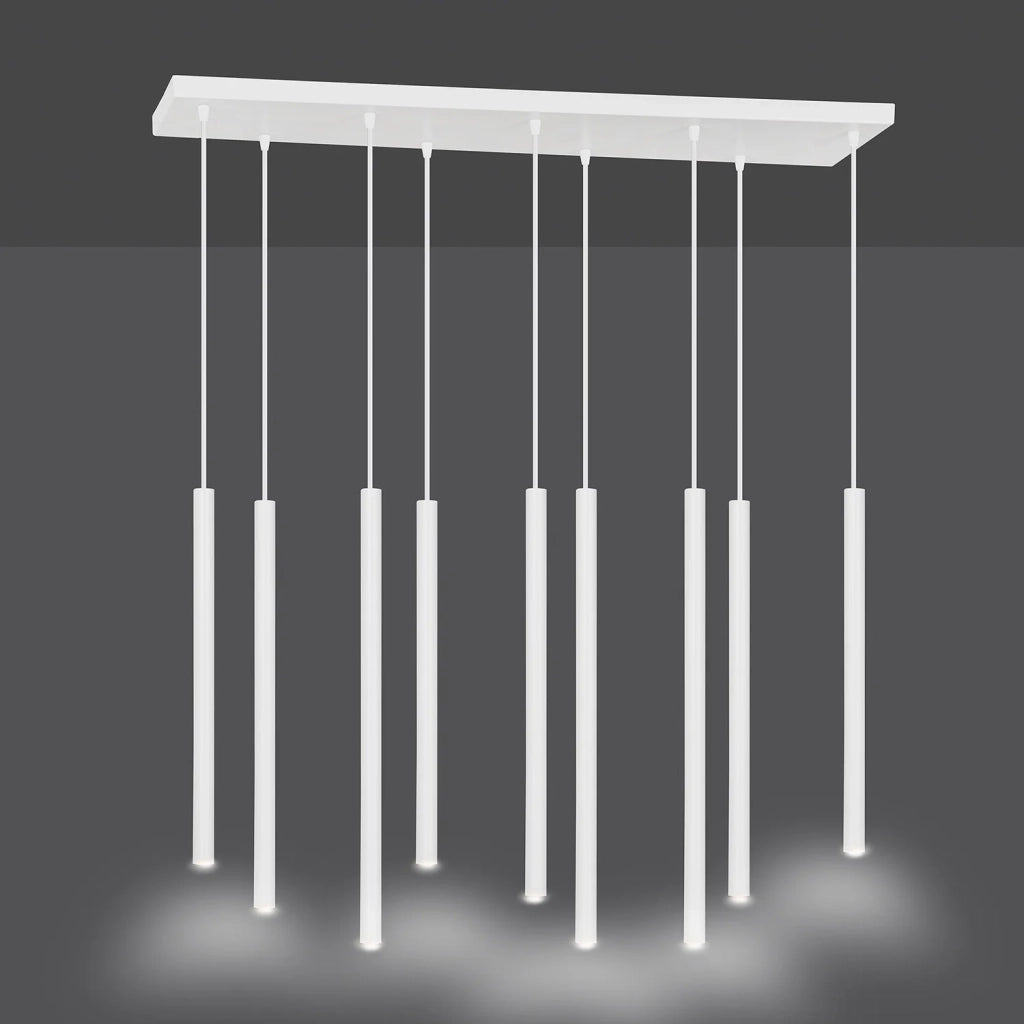Lampadario 9 Luci Moderno Shu Acciaio Bianco E Paralumi A Cilindri Sottili