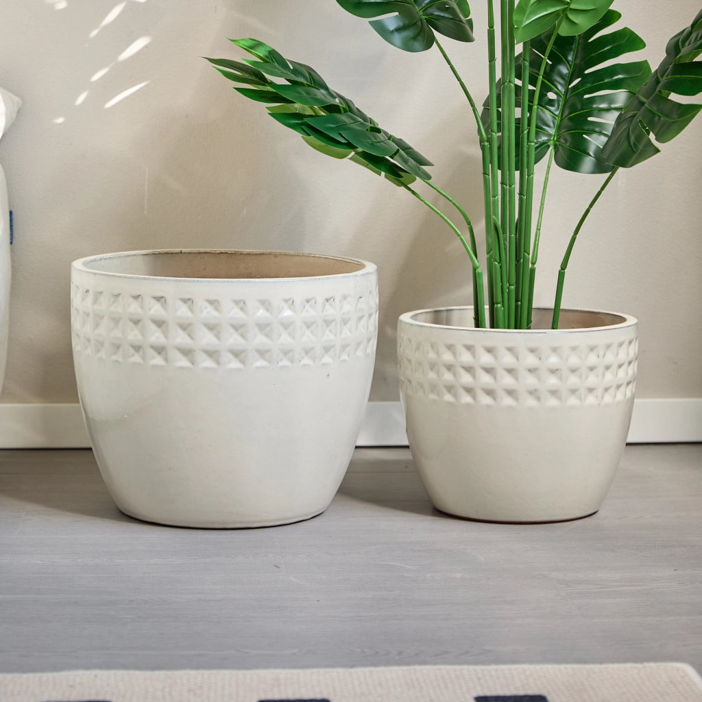Set 3 vasi da giardino in ceramica Ancient White con drenaggio