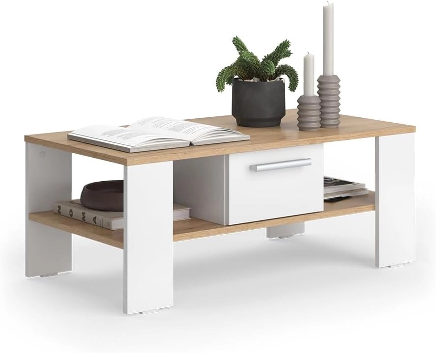 Tavolino Wilmut, Quercia dorata/bianco, 89.8 x 46.4 cm con cassetto, Superficie d’appoggio per riviste e telecomandi