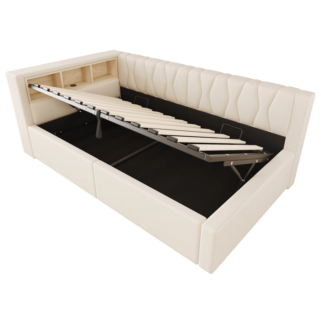 Letto singolo 90x200 cm beige con contenitore idraulico; LED dimmerabile e mensole