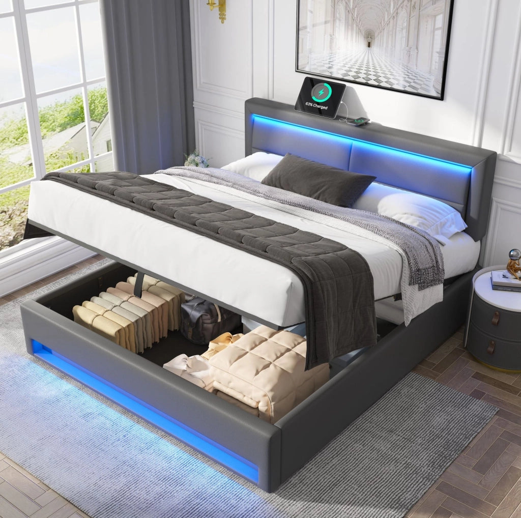 Letto imbottito grigio 140 x 190 cm con USB, LED e contenitore