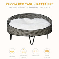 Cuccia per Cani e Gatti Rialzata Ø60x32 cm in Rattan Grigio Scuro
