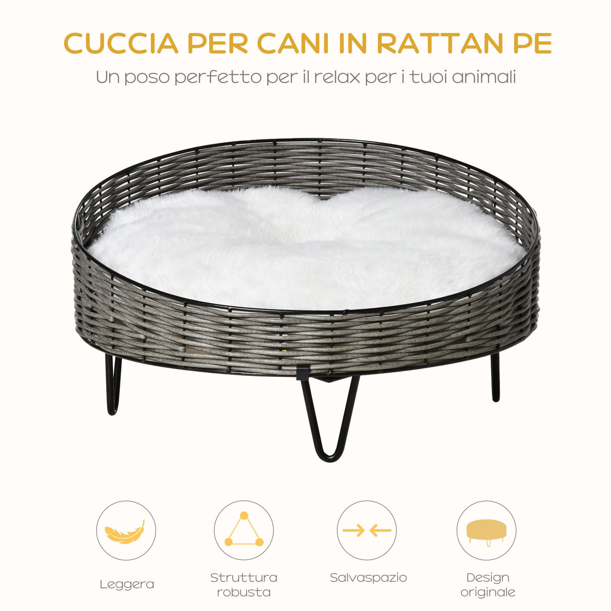 Cuccia per Cani e Gatti Rialzata Ø60x32 cm in Rattan Grigio Scuro
