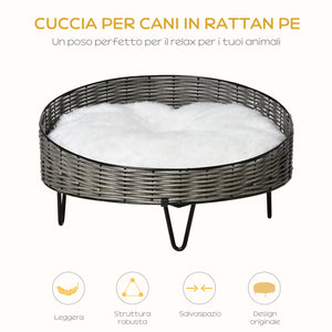 Cuccia per Cani e Gatti Rialzata Ø60x32 cm in Rattan Grigio Scuro