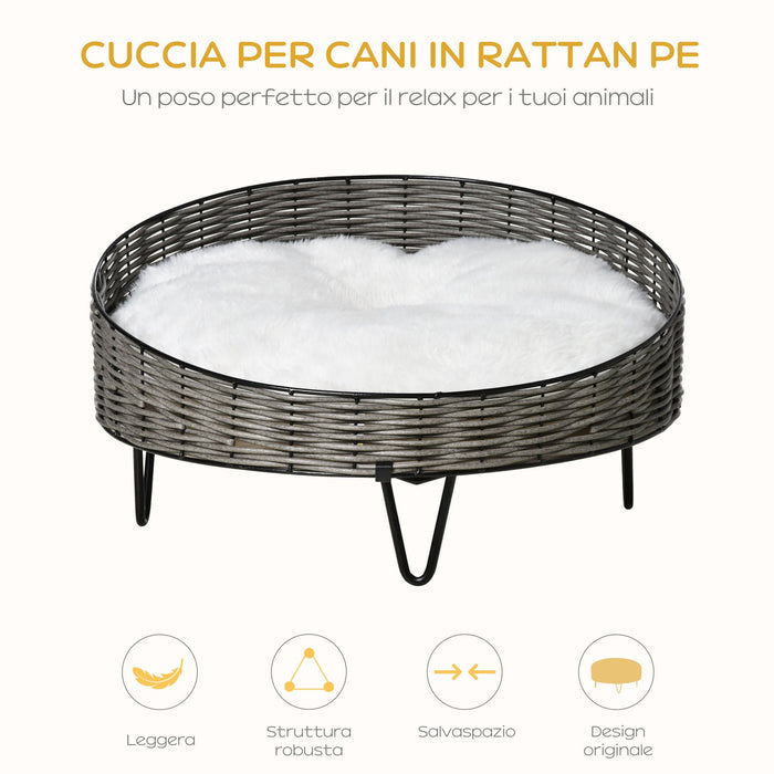 Cuccia per Cani e Gatti Rialzata Ø60x32 cm in Rattan Grigio Scuro