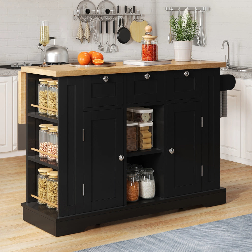 Carrello da Cucina con 3 Cassetti; 2 Ante; Ripiani Aperti; Presa e Portasciugamani; Cucina; in MDF; 132x40x87 cm; Naturale e Nero
