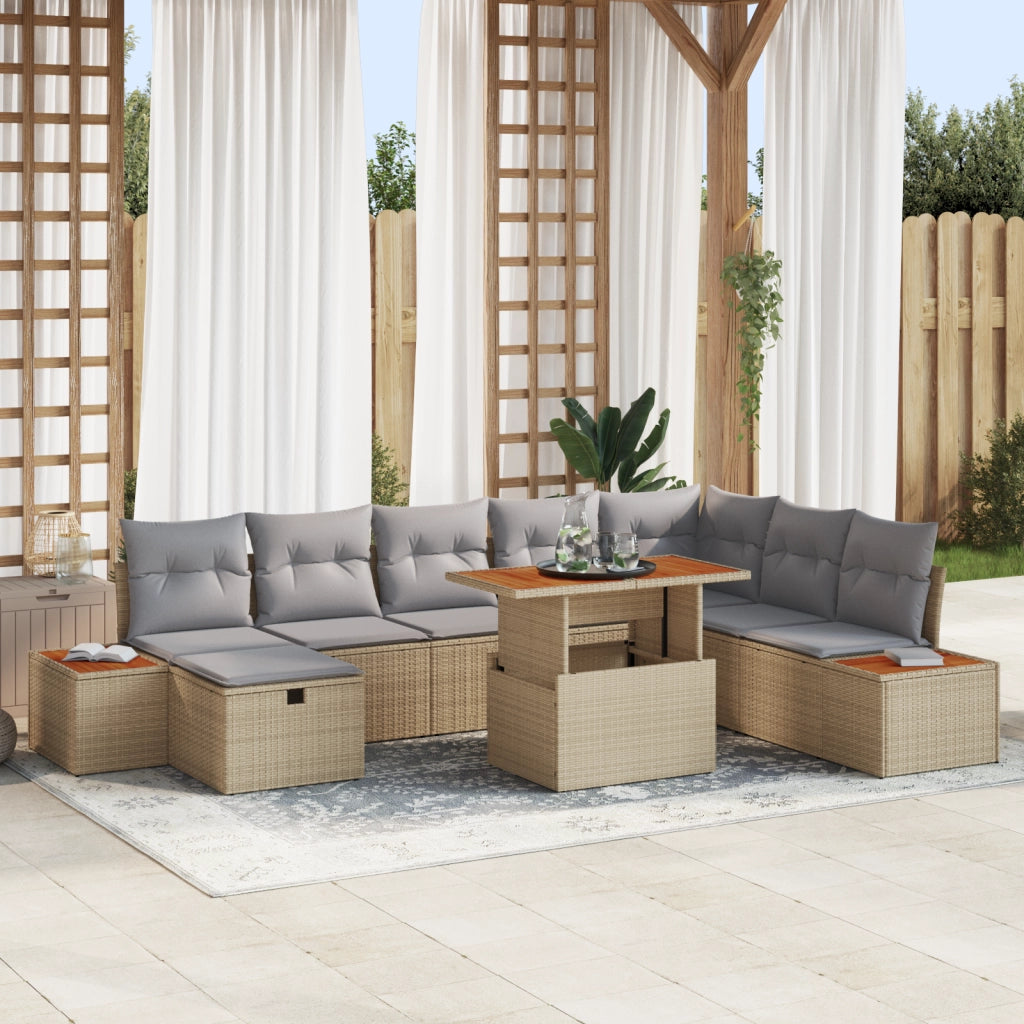 Set divano da giardino 9 pezzi con cuscini beige in polyrattan