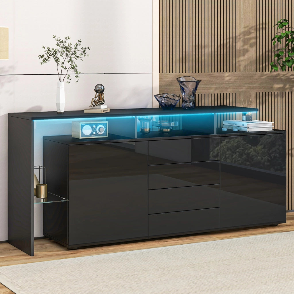 Credenza nera lucida 160 cm con 4 cassetti e 2 ante; mobile TV con LED controllo app; MDF e vetro