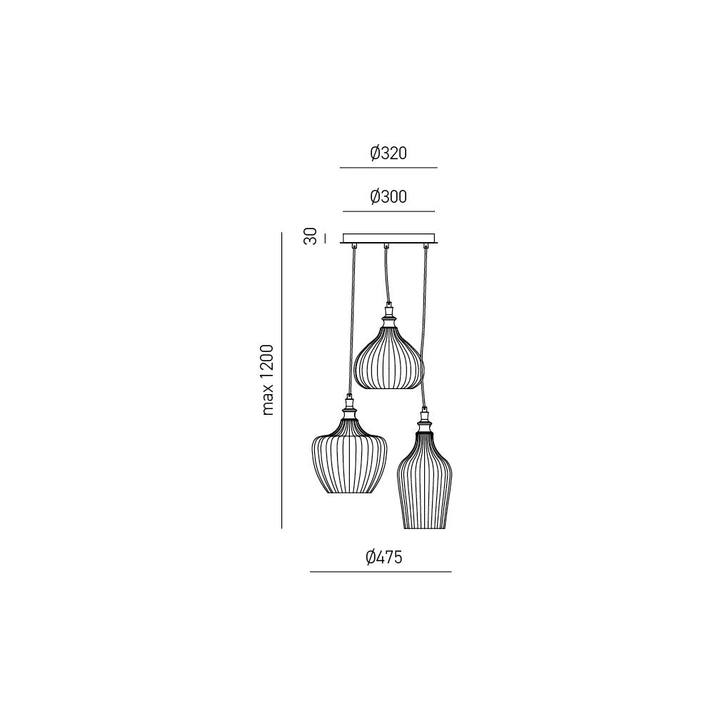 Cleofe - Lampada a sospensione 3 luci in vetro ambra trasparente e ottone - 3XE27 max 3X60W, stile vintage decorativo, IP20