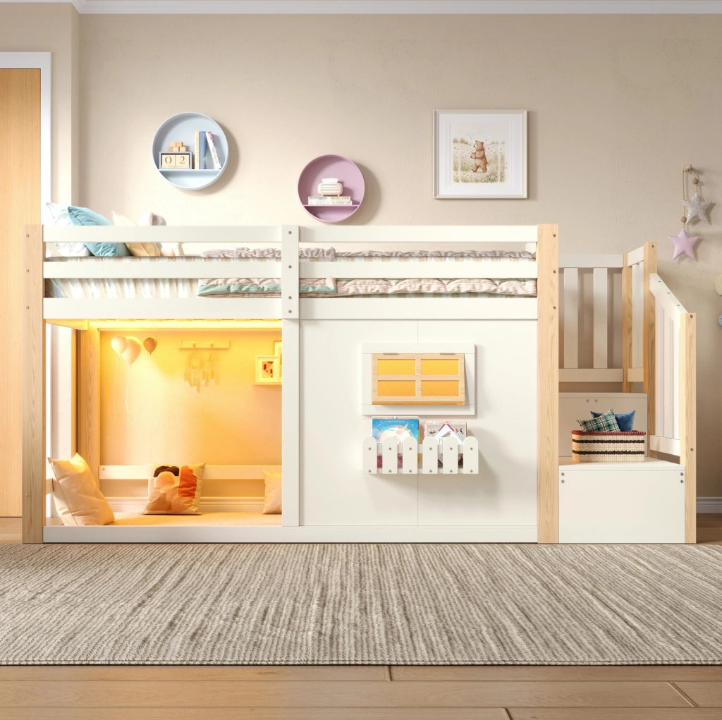 Letto a castello singolo 90x200 cm in legno di pino e MDF; con finestra; scala contenitore e LED; bianco