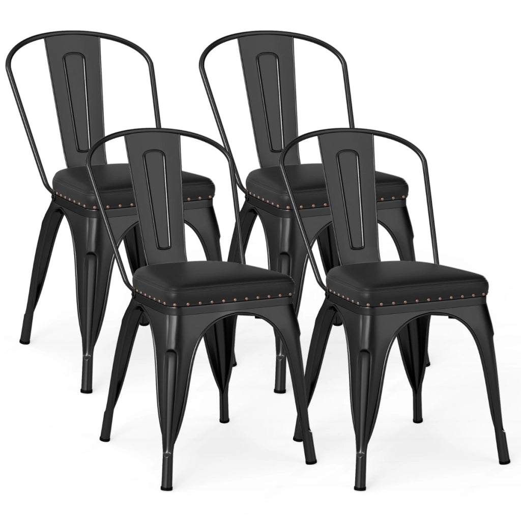 Sedie impilabili con schienali rimovibili e sedile imbottito in pelle artificiale, Set di 4 sedie da pranzo in metallo Nero-Sedie da pranzo