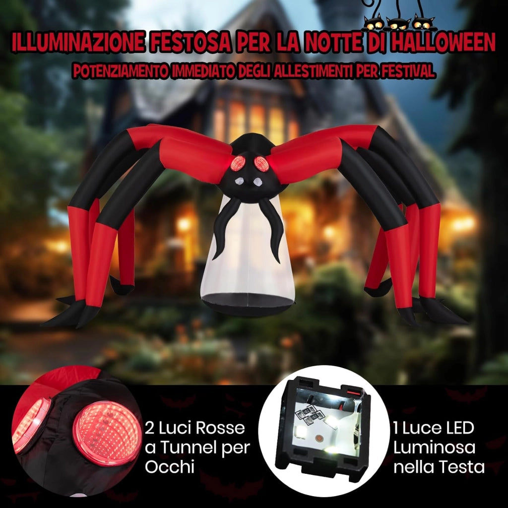 COSTWAY Ragno Gonfiabile di Halloween, Ragno Spaventoso Gonfiabile per Giardino con Occhi Illuminati a Tunnel Rossi, Decorazione da Giardino Festiva con LED e Picchetti, per Prato e Festa