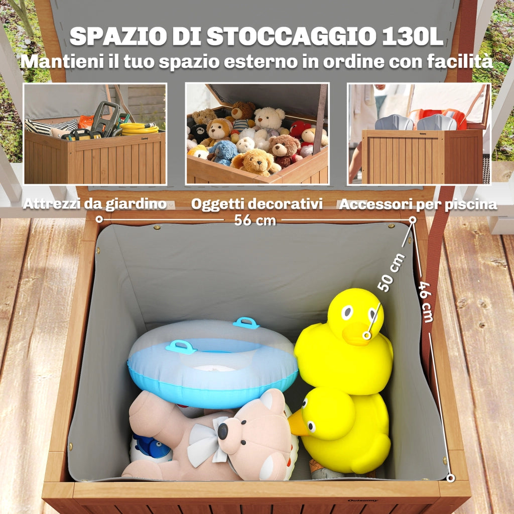 Cassapanca da Esterno 130L con Coperchio Cerniere e Cinghia, in Legno, 63x51x58.5 cm, Marrone