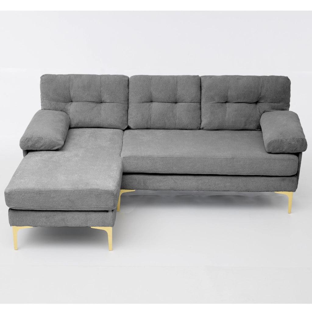 Divano angolare reversibile 3 posti con chaise longue intercambiabile e braccioli imbottiti in chenille grigio