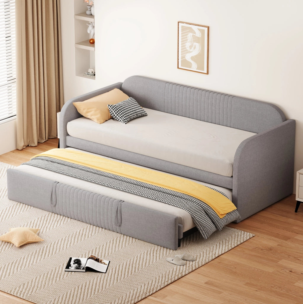 Divano letto imbottito estensibile 90/190 cm in tessuto effetto lino grigio chiaro