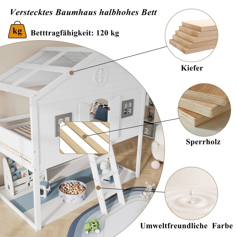 Letto Casetta per Bambini con Scala e Grate ¨C MINIMAL ¨C Pino e MDF, Bianco e Grigio, 90x200