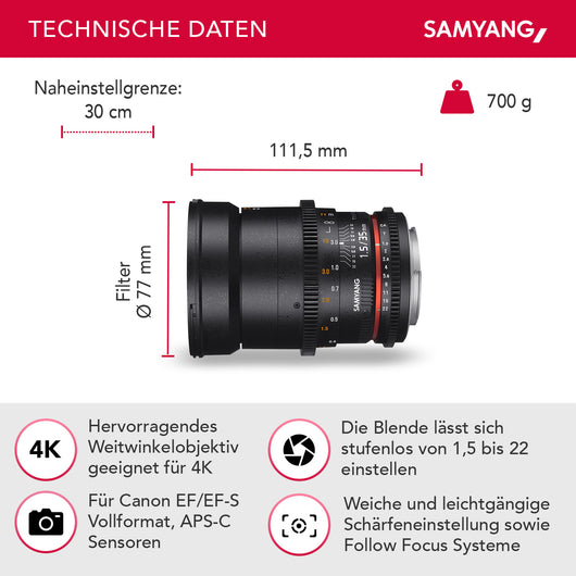 35/1.5 Lens Video DSLR II Obiettivo video Canon EF a messa a fuoco manuale 0,8 ingranaggi, grandangolo nero