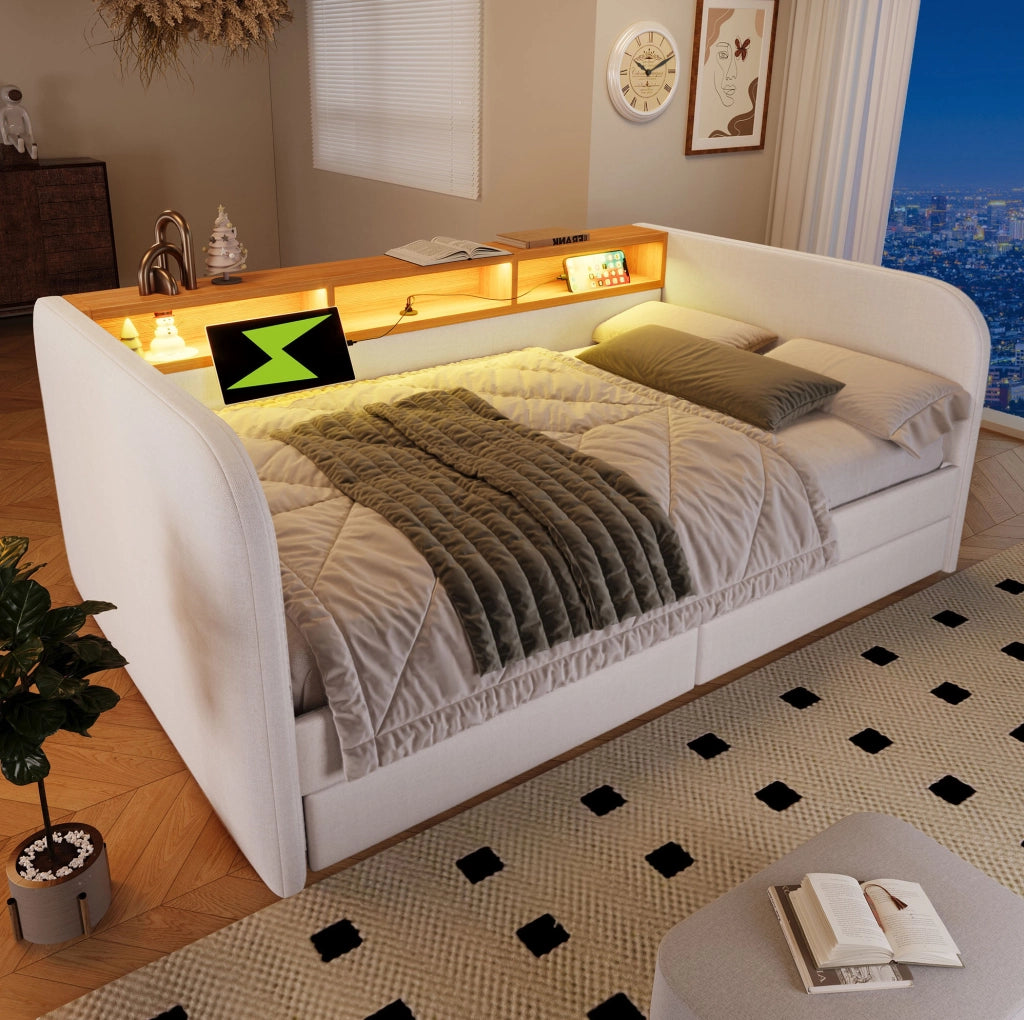Letto imbottito 140x190 cm con LED; USB C e 2 cassetti; lino beige