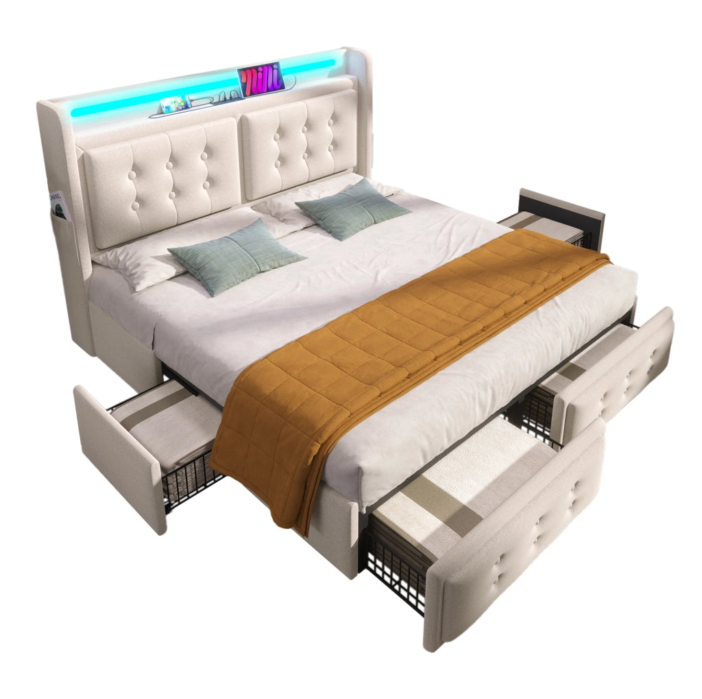 Letto matrimoniale 180x200 cm beige con LED, USB-C e 4 cassetti