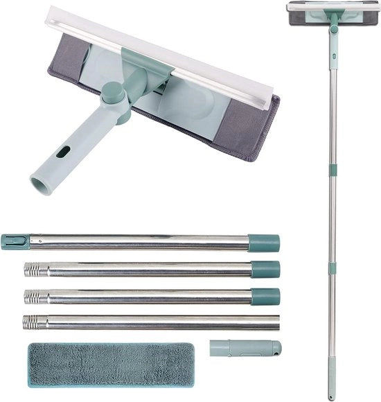 Pulitore di finestra 2 in 1 con articolazione variabile, estensione telescopica 57-165 cm, lamiera di gomma morbida e superficie piana per pulizia senza striature.