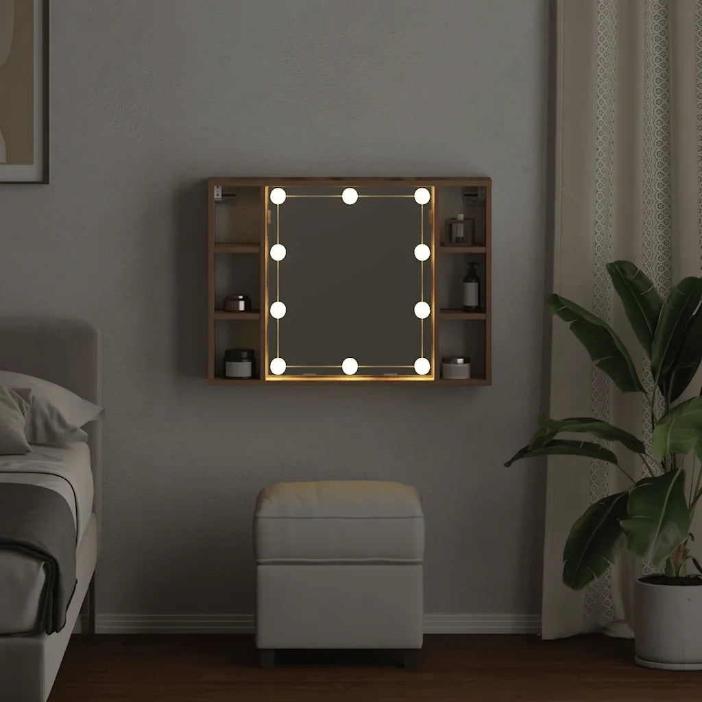 Mobile a Specchio LED Rovere Artigianale 76x15x55cm Multistrato