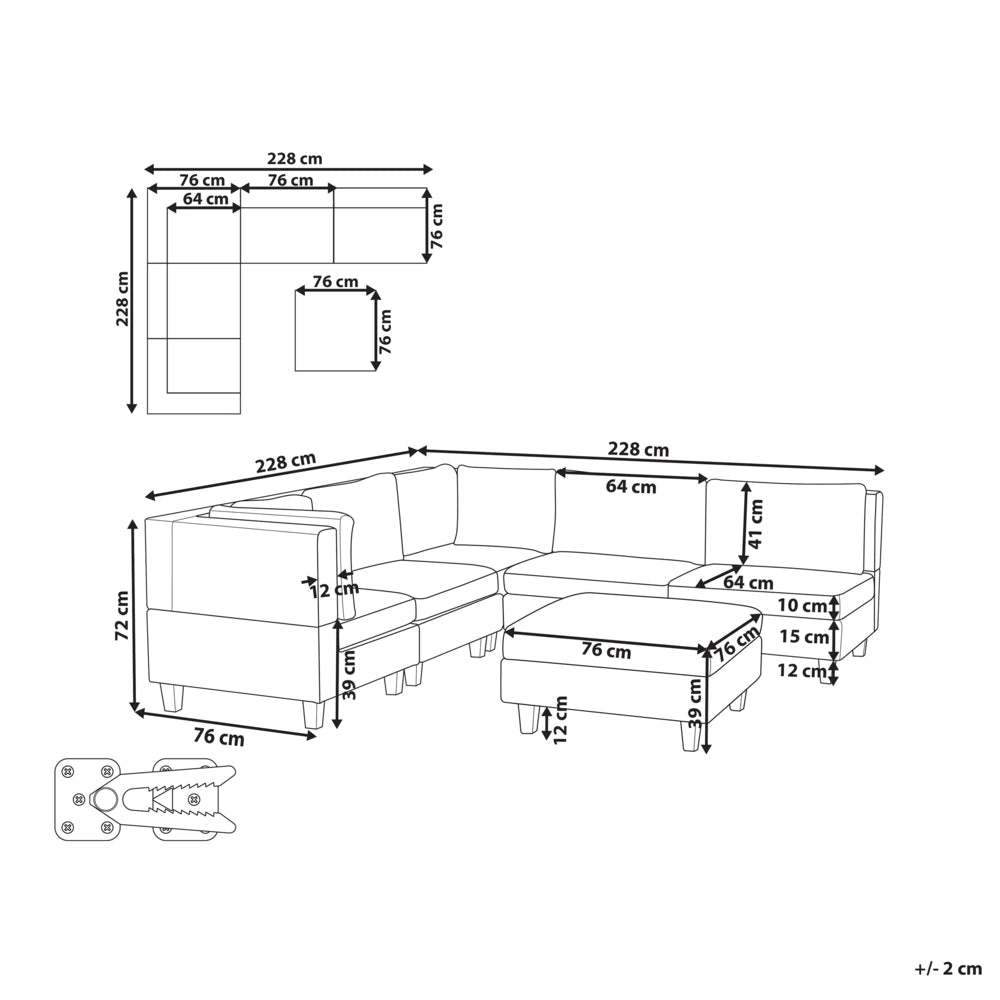 Divano componibile a 5 posti imbottito lato destro in tessuto nero con gambe nere e pouf stile moderno