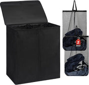 DOKEHOM 150L doppio contenitore per bucato con coperchio e sacchetti per bucato rimovibili, grande contenitore per bucato pieghevole con 2 ripiani per camera da letto, bagno, cucina, università (nero)