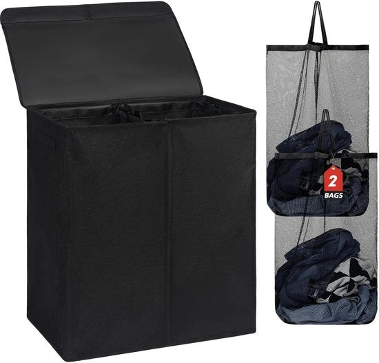 DOKEHOM 150L doppio contenitore per bucato con coperchio e sacchetti per bucato rimovibili, grande contenitore per bucato pieghevole con 2 ripiani per camera da letto, bagno, cucina, università (nero)