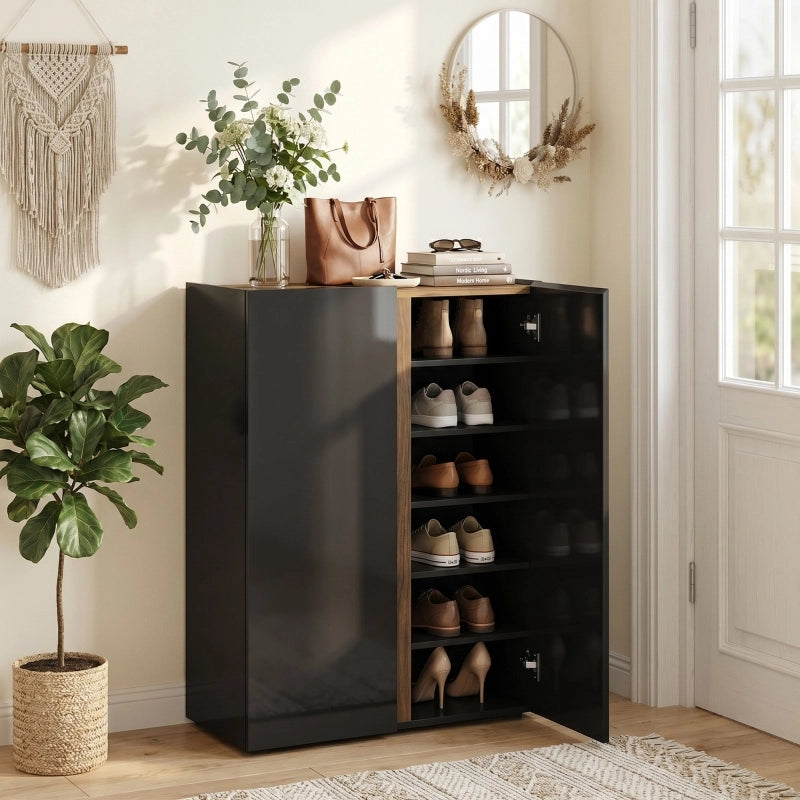 Scarpiera con 6 ripiani e chiusura ammortizzata, design senza maniglie, per ingresso, nero, 108,5 × 47,5 × 22,5 cm