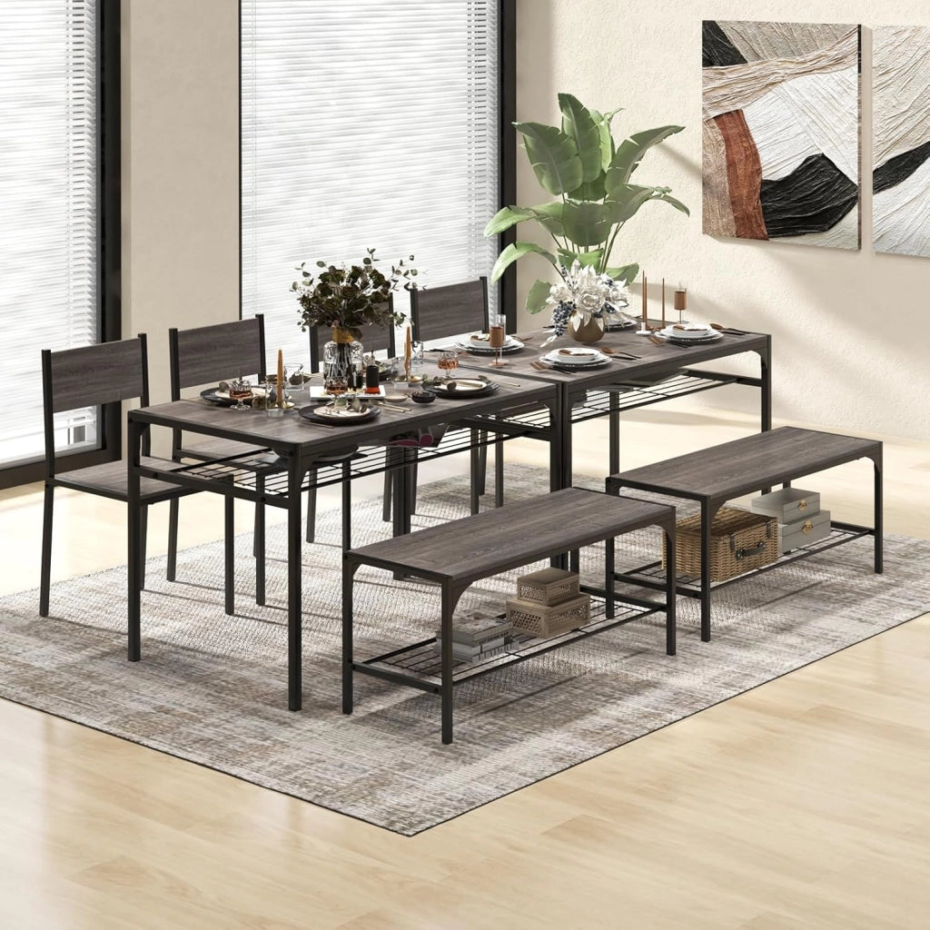 Set di tavolo da pranzo per 4, tavolo rettangolare con 2 sedie, 1 panchina, mensole, telaio in metallo resistente, set da pranzo da 4 pezzi, sala da pranzo, cucina (grigio), NF88000