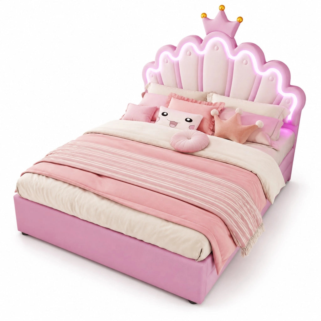 Letto imbottito 140 x 200 cm con luci LED e cassetti