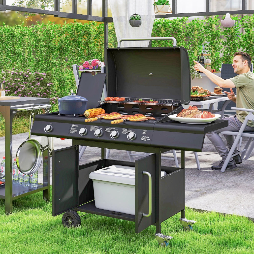 Barbecue a Gas con Fornello Laterale 129,5x56x110 cm Tavolino e Armadietto in Acciaio e PP Nero