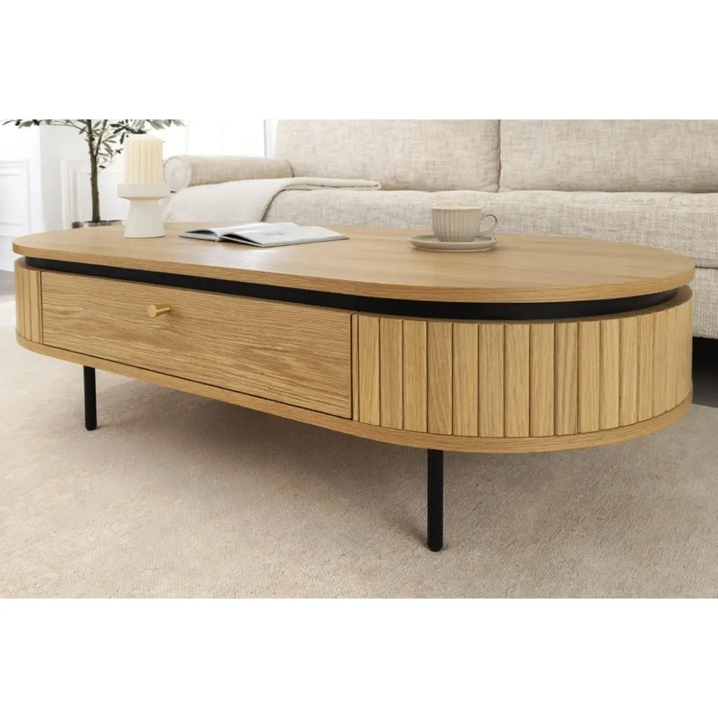 Tavolino basso SOREN 120 cm con 2 cassetti scorrevoli decoro quercia e nero