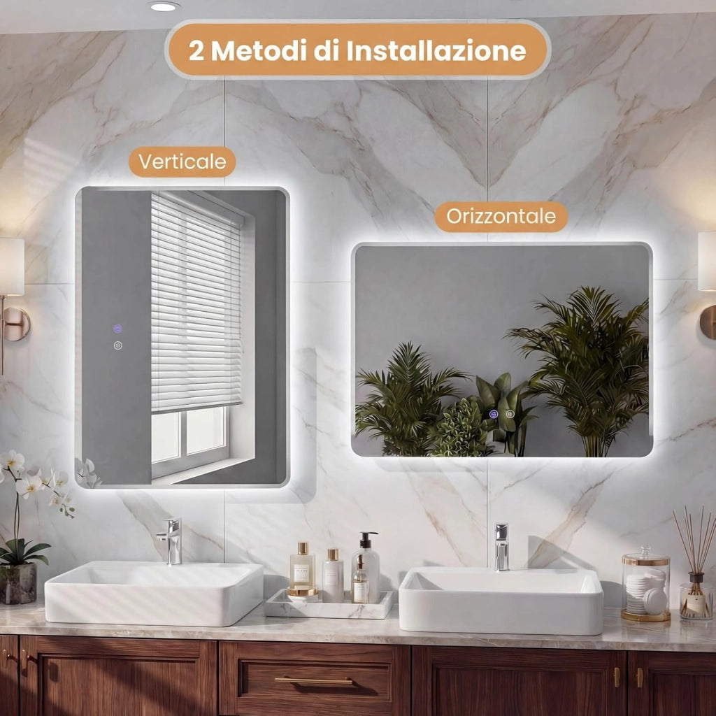 Specchio da Bagno LED 70 x 50 Cm, Vetro Temperato Anti-Esplosione, Specchio da Parete Retroilluminato Dimmerabile con Luci a 3 Colori e Antiappannamento, per Lavabo (70 x 50 x 3 cm)
