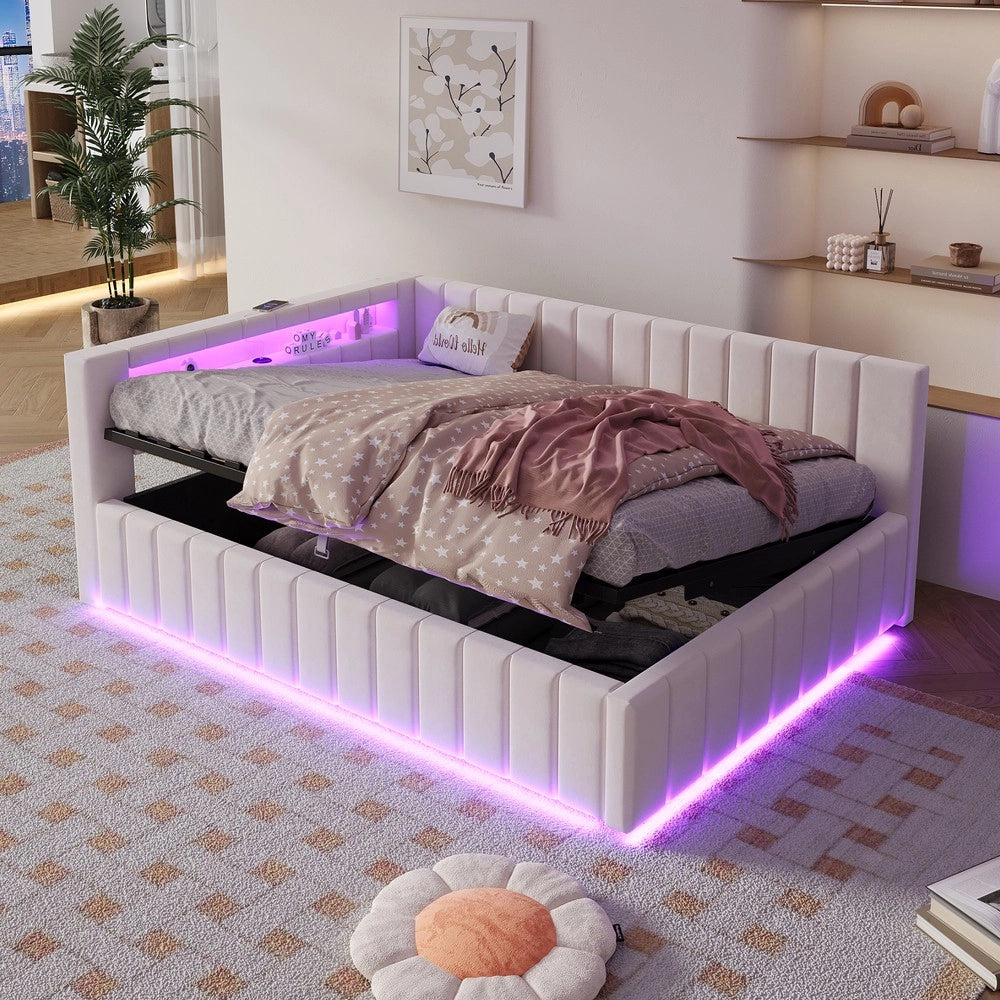 Letto imbottito contenitore con LED ¨C Minimal ¨C 140x200 cm velluto beige
