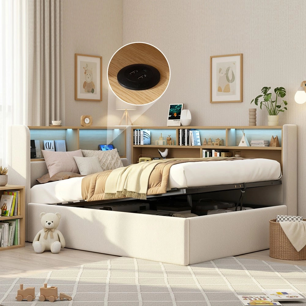 Letto imbottito contenitore con LED ¨C Minimal ¨C Beige velluto 90x200 cm con idraulico