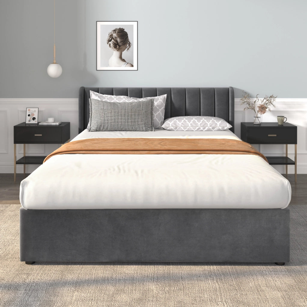 Letto imbottito 140x200 cm con testiera alta e 2 cassetti; velluto grigio (Senza materasso)