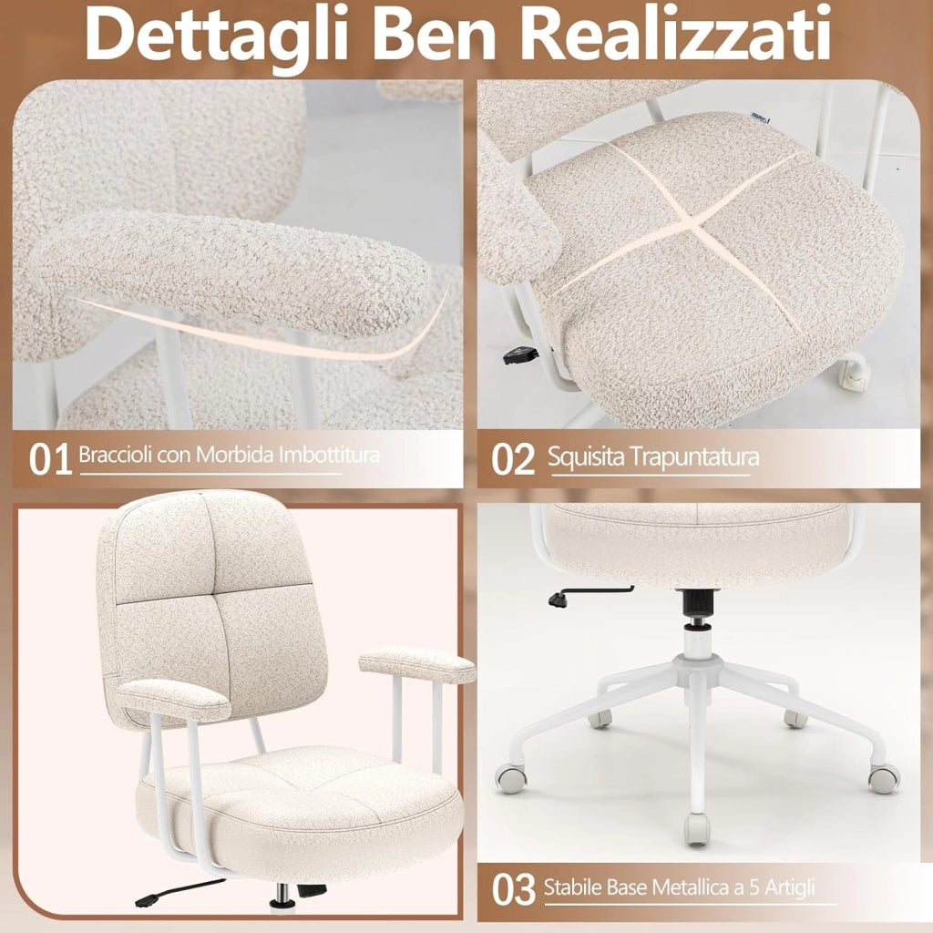 Sedia da Ufficio, con Schienale e Braccioli, Sedia Girevole Regolabile con Funzione a Dondolo e Ruote per Camera da Letto, Studio, Portata 150 kg (Bianco)