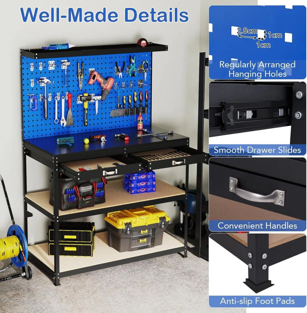 Banco da Lavoro, Organizer per Attrezzi in Metallo con 3 Pannelli Perforati con Kit di 24 Ganci, 2 Cassetti e 2 Ripiani, Banchi da Lavoro per Officina, Garage (Blu, 121 X 61 X 156 CM)