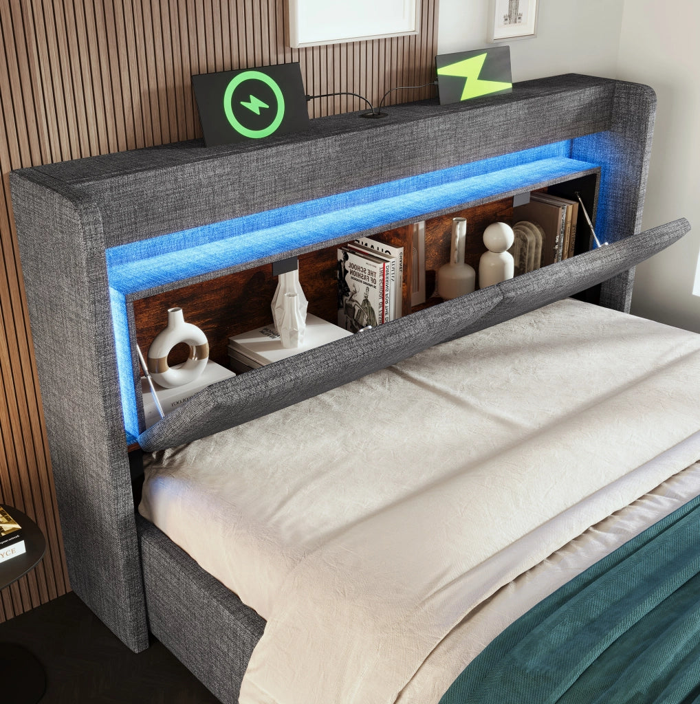 Letto imbottito 180x200 cm con contenitore idraulico; testiera con USB; USB-C e LED; grigio