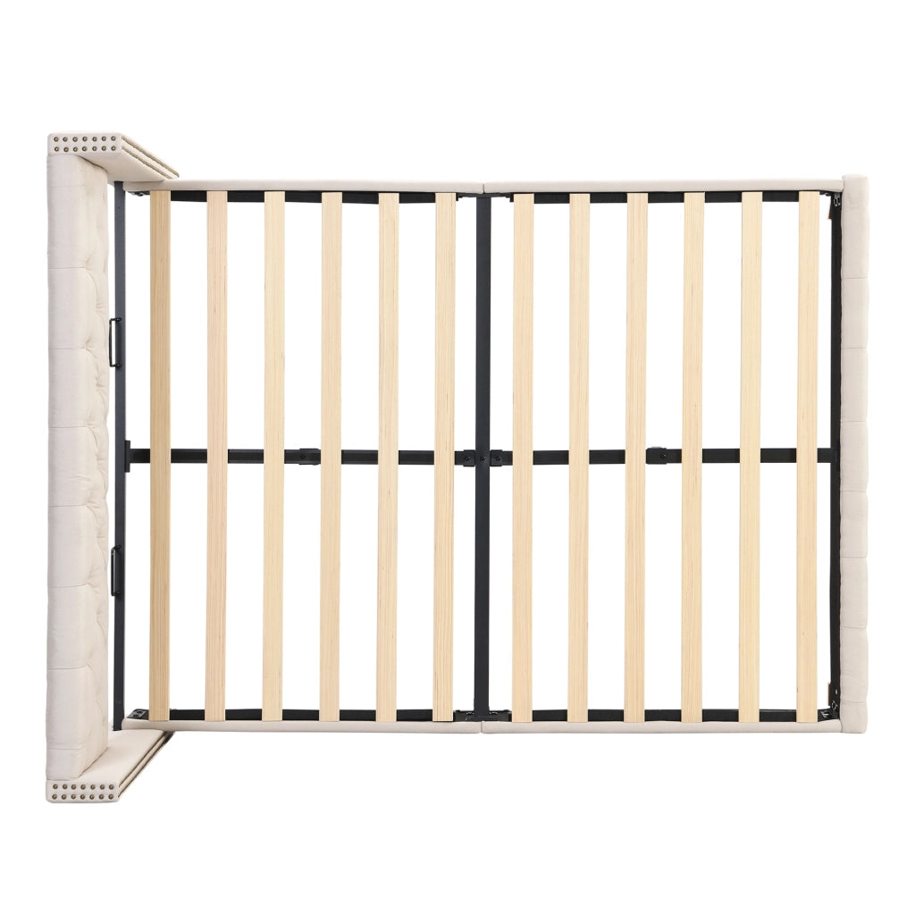 Letto matrimoniale imbottito 160x200 cm in lino beige con testiera capitonné e doghe