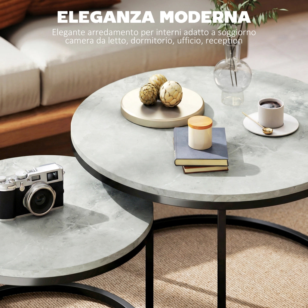 Set 2 Tavolini da Caff¨¨ Rotondi ¨C Xylo ¨C Effetto Marmo Grigio Legno Metallo