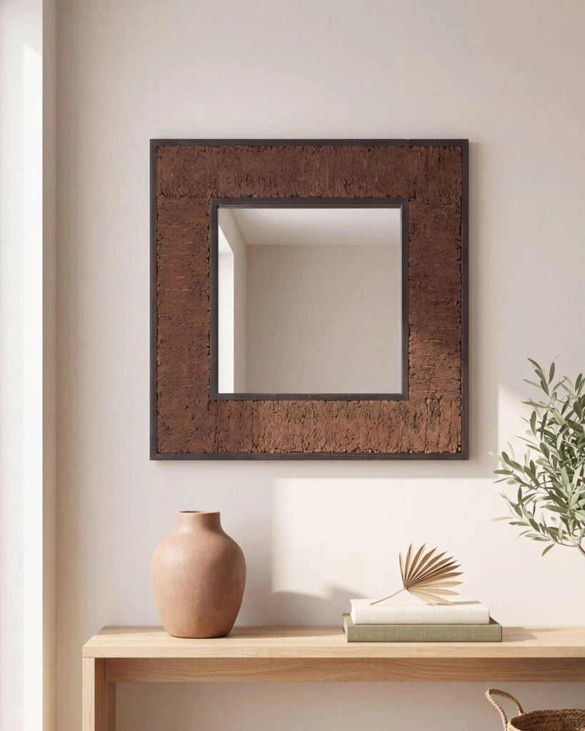 Specchio decorativo da parete in legno di teak scuro 60 x 60 cm in stile rustico