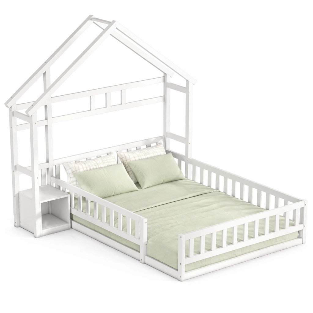 Letto a casetta per bambini 140 x 200 cm con sponda e comodino, bianco