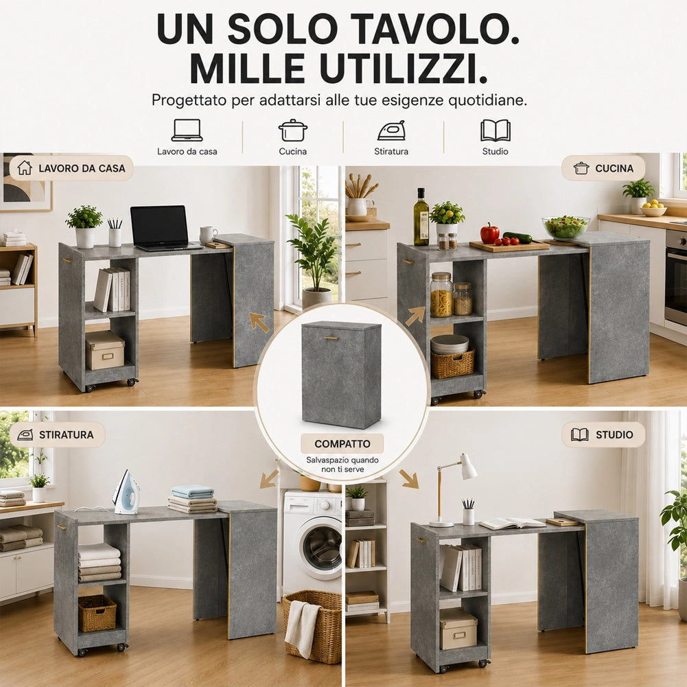 Mobile con Tavolo a Scomparsa Grigio Richiudibile Salvaspazio Scrivania Libreria