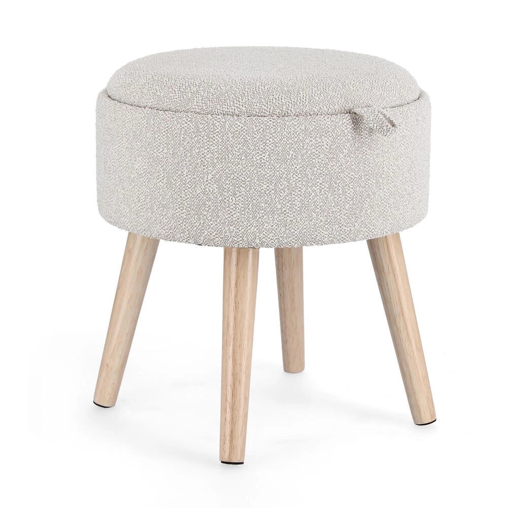 Sgabello contenitore rotondo bouclé bianco con vassoio in legno - BRIAR