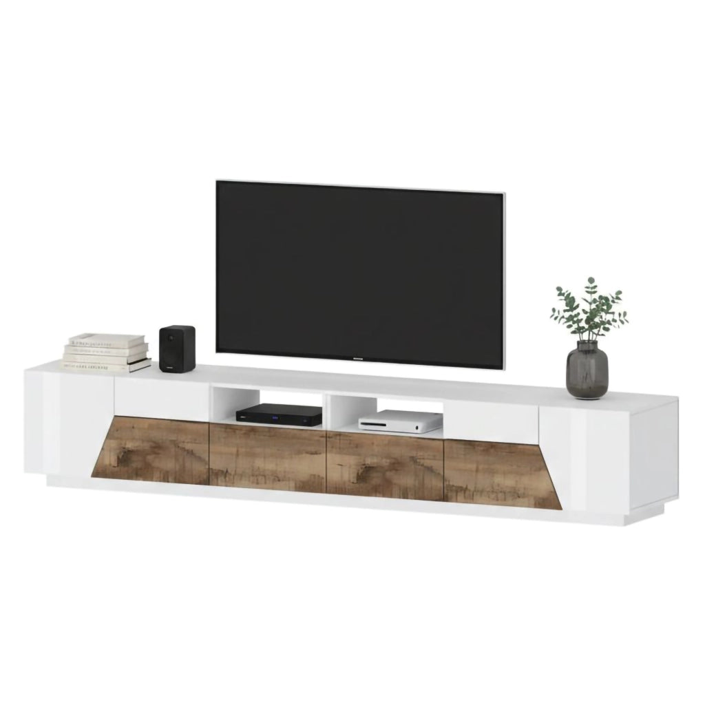 Mobile da soggiorno Porta Asdrubale, Made in Italy, Credenza per Asdrubale da salotto a 4 ante geometriche e 2 cassetti, Cm 260x43h46, Bianco lucido e Acero